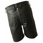 Men Double Zipper Snap Button Front Real Sheepskin Black Leather Shorts Leather Outlet