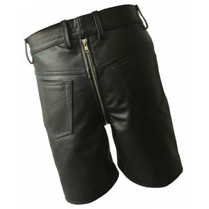 Men Double Zipper Snap Button Front Real Sheepskin Black Leather Shorts
