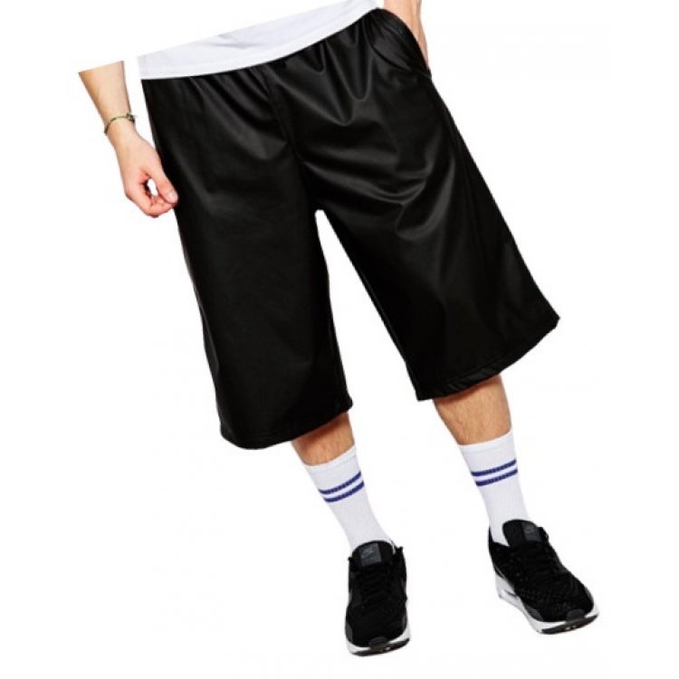 Men real sheepskin black leather bermuda shorts at knee length