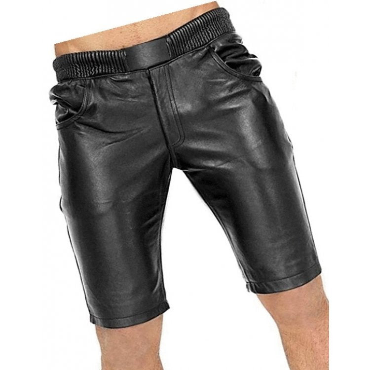 Men elastic waist real sheepskin black leather jogger shorts
