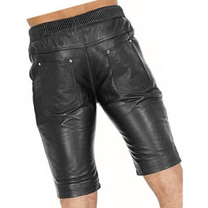 Men Elastic Waist Joggers Real Sheepskin Black Leather Shorts Leather Outlet