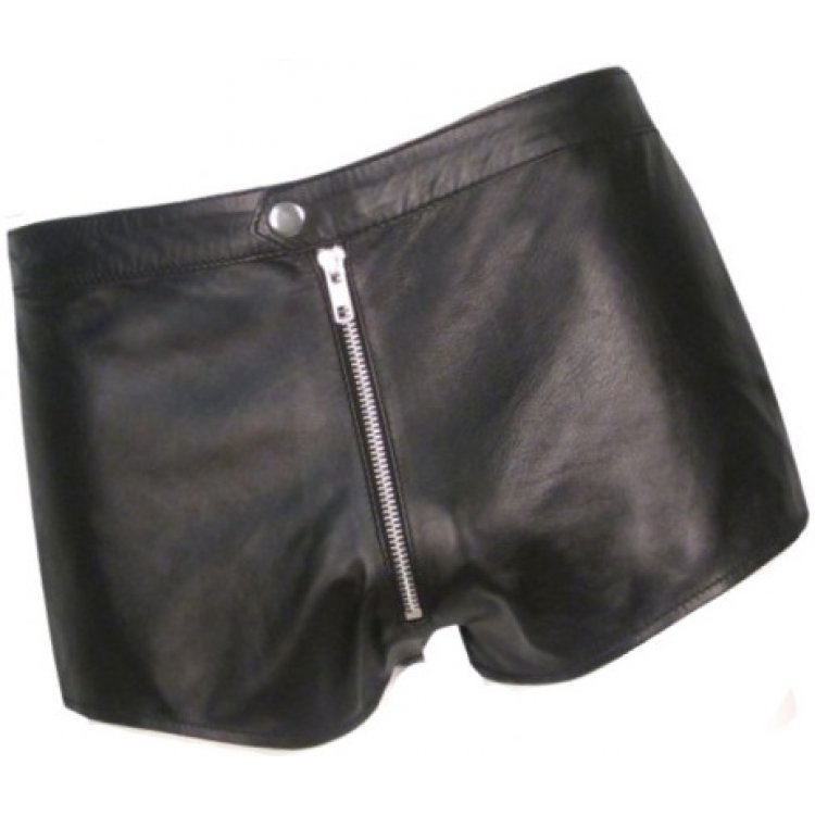 Men front zip real sheepskin black leather shorts, plain cut