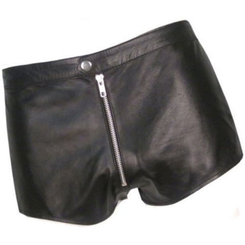 Men Front Zip Closure Real Sheepskin Black Leather Shorts Leather Outlet