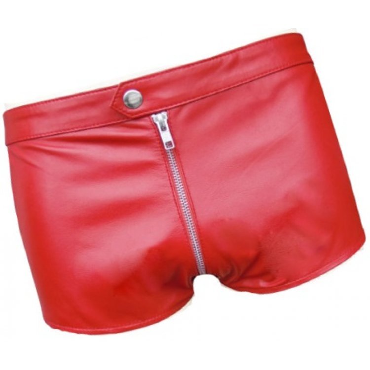 Men red sheepskin leather shorts with full length front to back zip