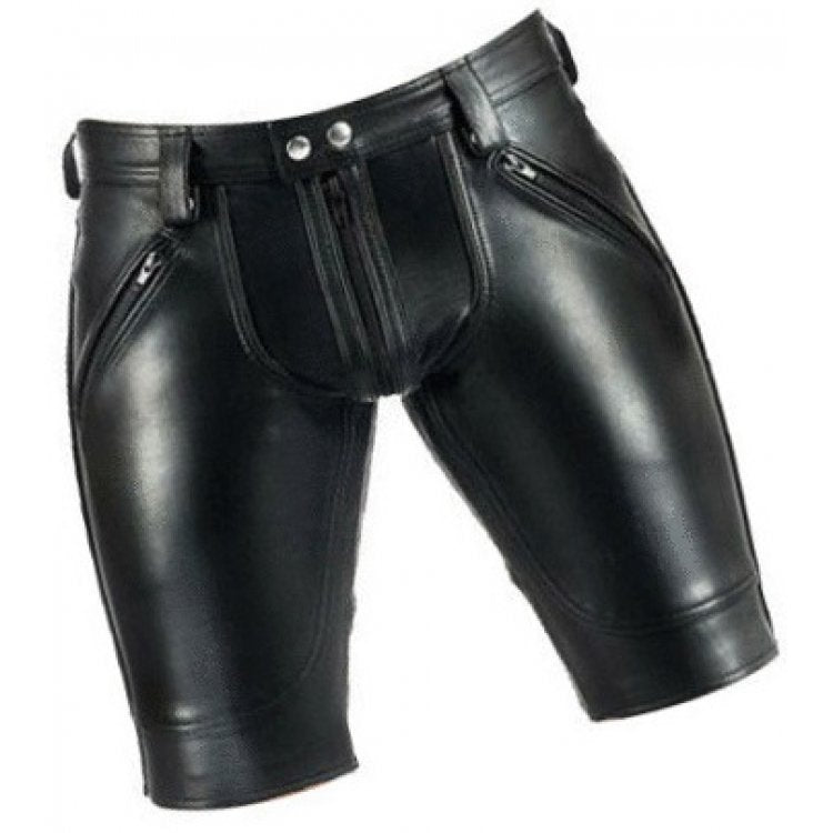 Men saddle seat real sheepskin black leather shorts