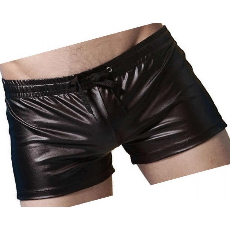 Men short cut real sheepskin black leather shorts with high inseam