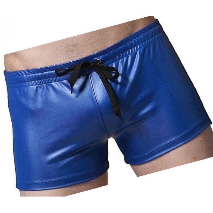 Men blue real sheepskin leather shorts in a short cut