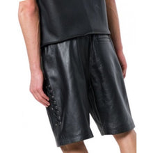 Load image into Gallery viewer, Men Side Lace-Up Basketball Real Sheepskin Black Leather Shorts

