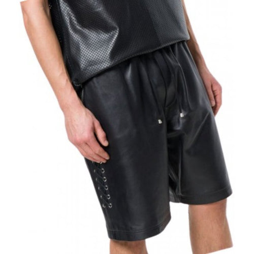 Men Side Lace-Up Basketball Real Sheepskin Black Leather Shorts Leather Outlet