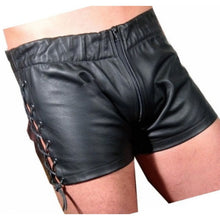 Load image into Gallery viewer, Men Side Lace Up Sexy Real Sheepskin Black Leather Shorts
