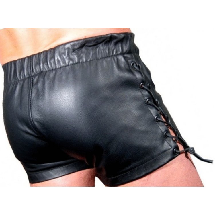 Men Side Lace Up Sexy Real Sheepskin Black Leather Shorts Leather Outlet