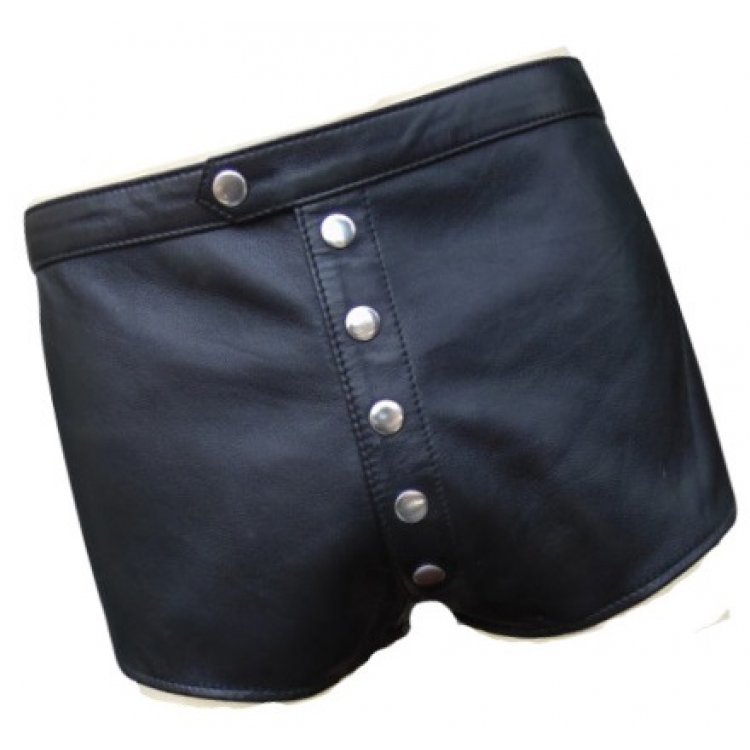 Men snap button fly real sheepskin black leather shorts
