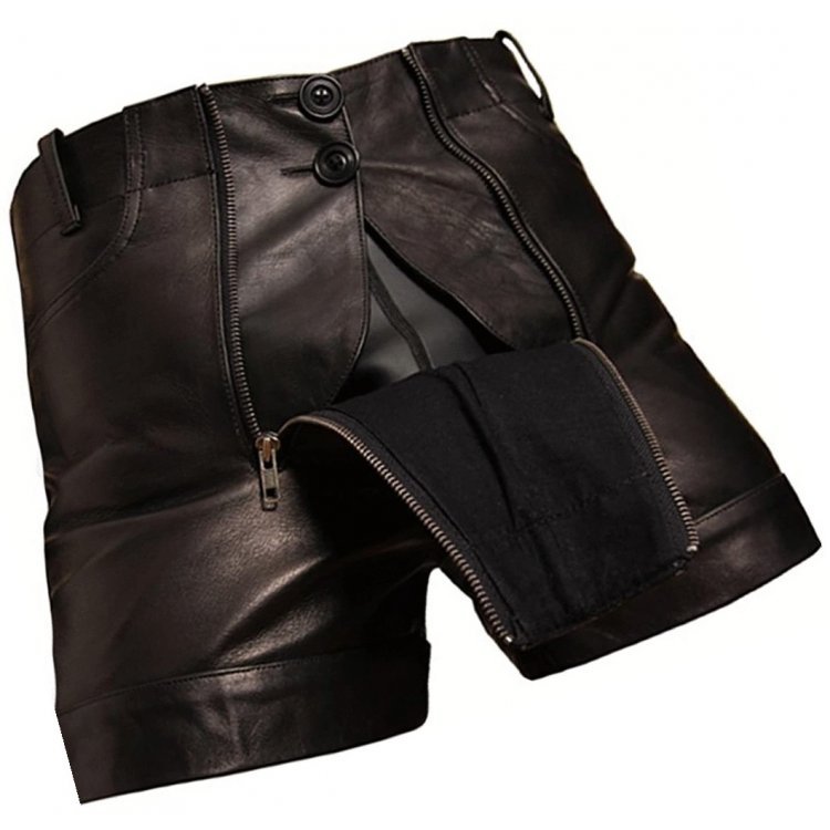Men real sheepskin black leather shorts in a distinctive fashion cut