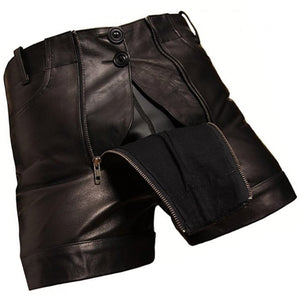 Men Unique Fashion Real Sheepskin Black Leather Shorts