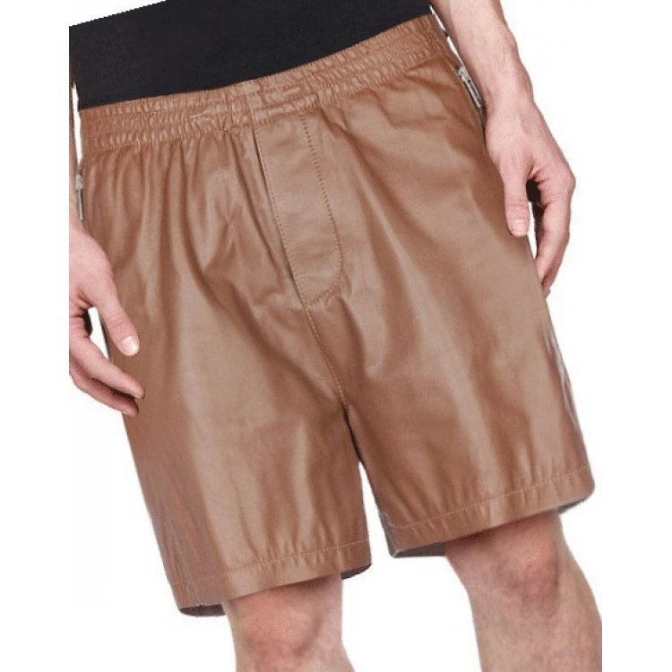 Men brown real sheepskin leather shorts with zip pockets