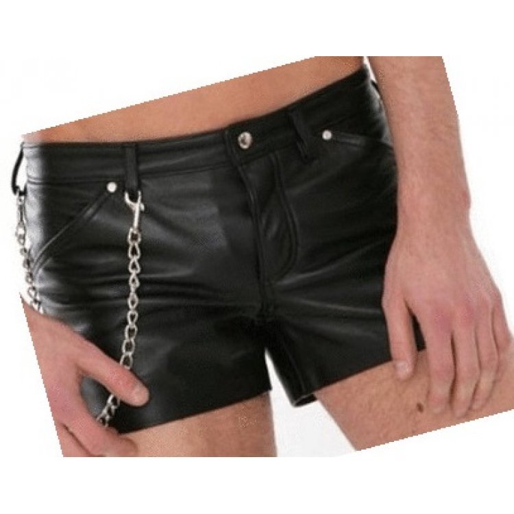 Mens casual real sheepskin black leather shorts