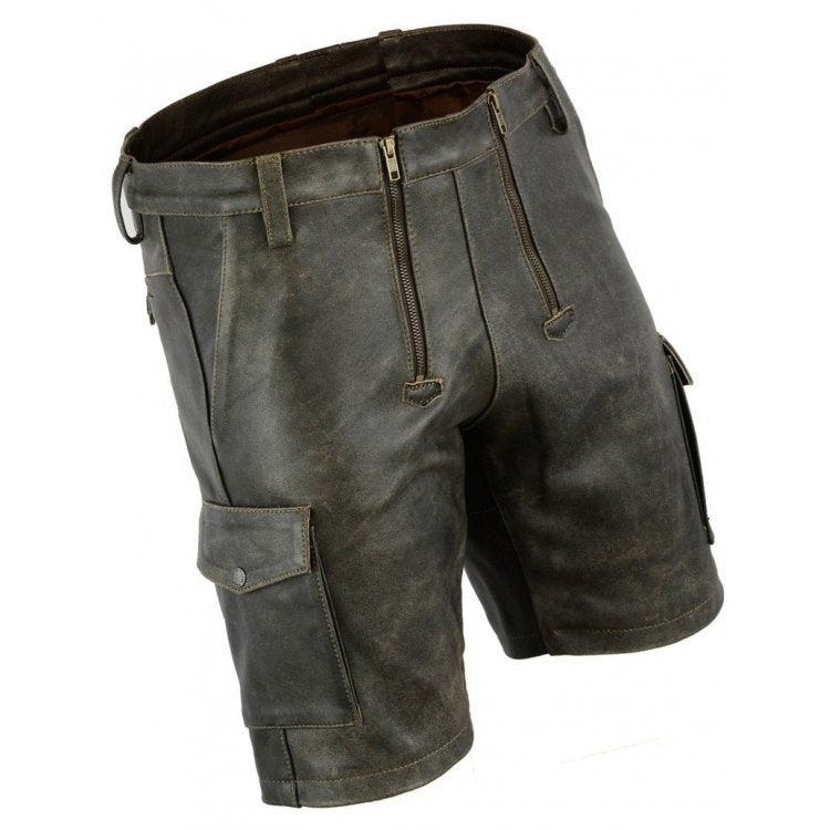 Mens Double Front Zipper Antique Leather Cargo Shorts Leather Outlet