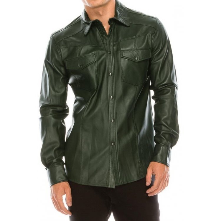 Mens green real sheepskin leather shirt with collar and button front