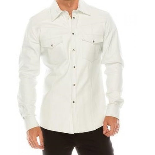 Mens Fashion Wear Real Sheepskin White Leather Shirt Leather Outlet