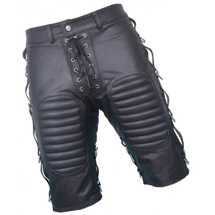 Mens front lace up quilted black sheepskin leather shorts