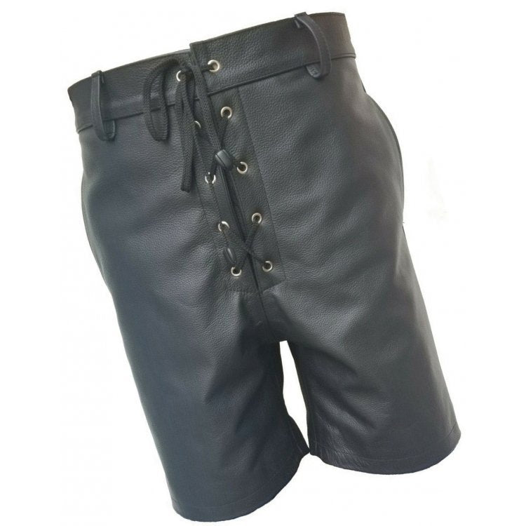 Mens front lace up real sheepskin black leather shorts