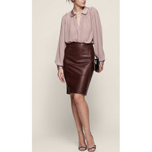 Load image into Gallery viewer, Stretch Panel Brown Leather Body-con Pencil Skirt for Women
