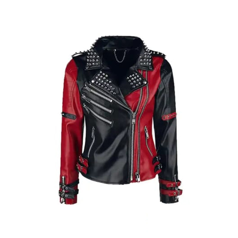 Handmade womens black studded punk leather jacket in real hide