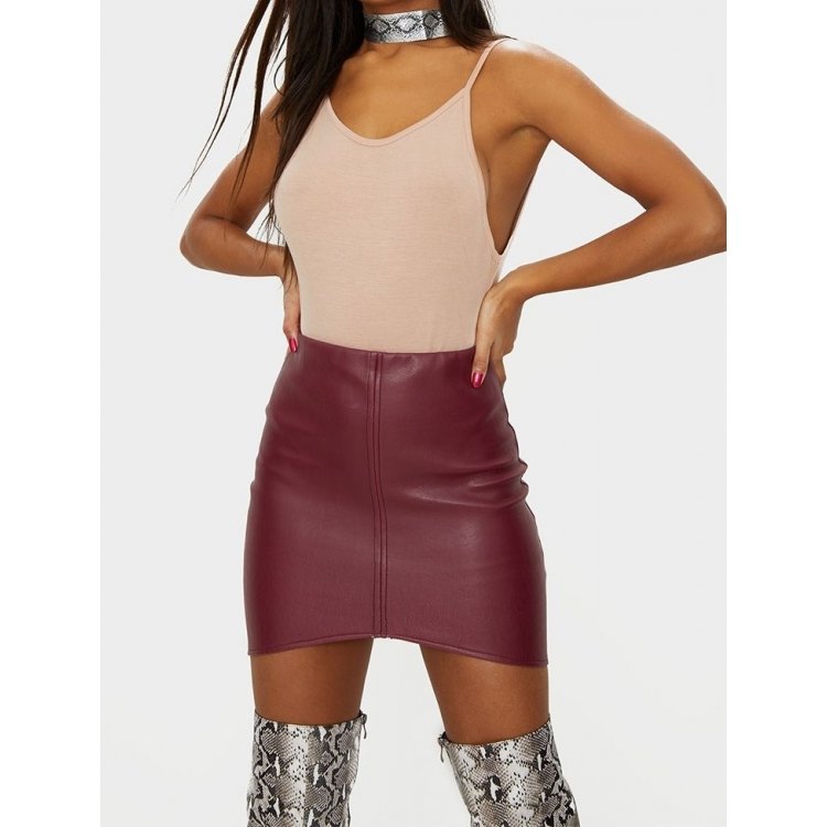 Womens asymmetric panel burgundy leather mini skirt